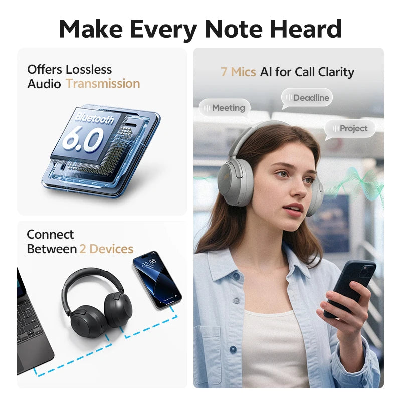 QCY ANC Wireless Headphone H3S 56dB Noise Canceling Hi-Res 3D Spatial Audio Earphone with LDAC Bluetooth 6.0 Over Ear Headset